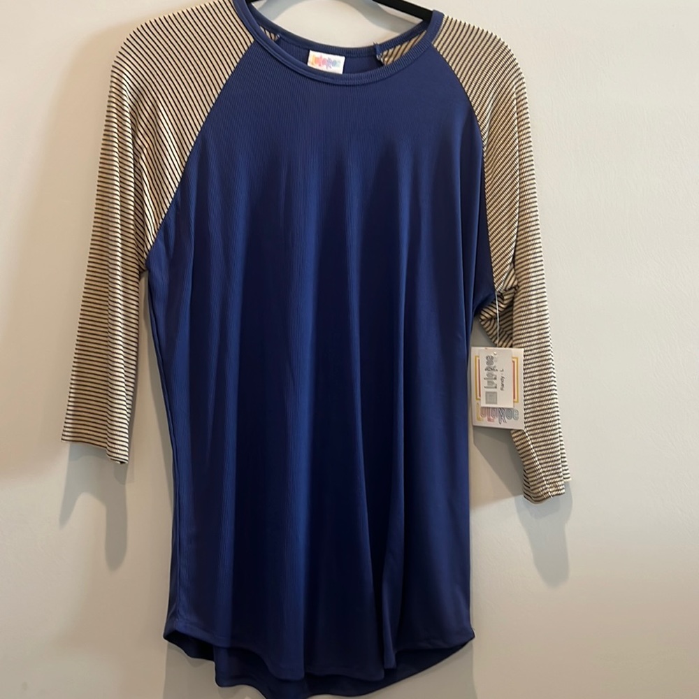Lularoe Randy baseball tee, ribbed, blue and cream nwt